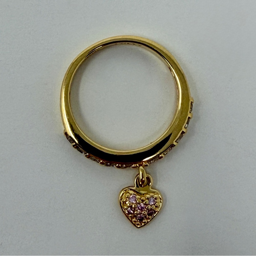 Kirks Folly Dangle  Heart Ring Gold Tone With Pink Stones Size 8